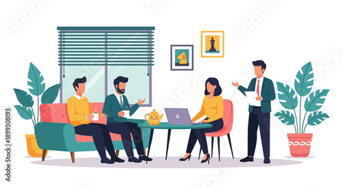 A diverse group of professionals collaborates in a modern office meeting room, discussing ideas around a table with a laptop and tea set.