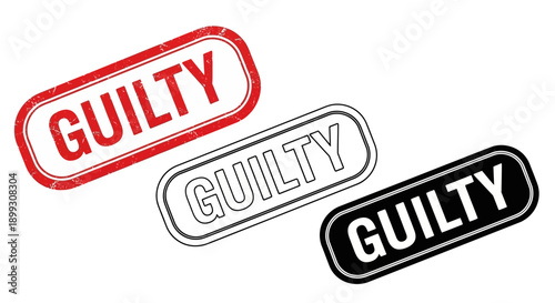 Three rectangular grunge rubber stamps with the word GUILTY in red, outline, and black on a white background, arranged diagonally.