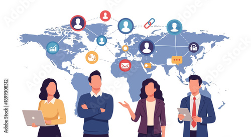 Diverse group of professionals collaborating on a global network, symbolizing international business and connectivity.