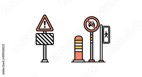 Vector illustration of various road signs and traffic control elements including warning signs, no entry signs, and bollards on a white background.