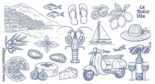 A detailed line art illustration set depicting various elements of Italian summer vacation and Mediterranean lifestyle, including food, transport, and landscapes.