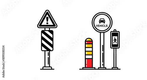 Line art illustration of road signs and traffic control elements including warning, vehicle, and pedestrian crossing signs with striped poles.
