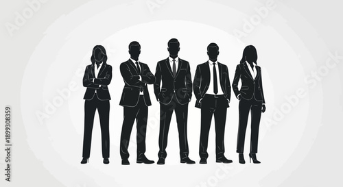 Silhouettes of five business professionals standing in a line, showcasing a unified team.