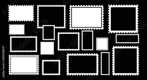 A diverse collection of blank postage stamp frames with perforated edges on a dark background.