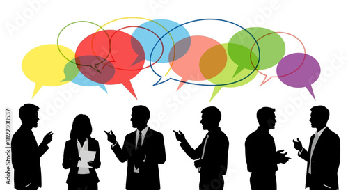 Silhouettes of people engaged in conversation with colorful overlapping speech bubbles above their heads, symbolizing communication and discussion.