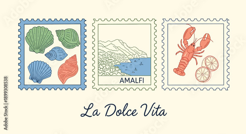 A charming illustration featuring three vintage-style postage stamps depicting seashells, the Amalfi coast, and a lobster with lemons, with the phrase "La Dolce Vita" below.