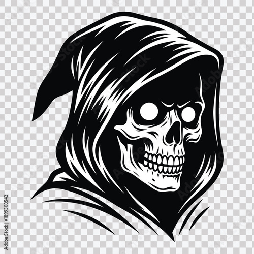 Creepy grim reaper skull with hood and smiling face tattoo mascot line art vector illustration