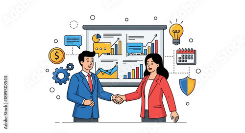 Two business professionals shaking hands in front of a presentation board with charts and various business icons, symbolizing partnership and success.