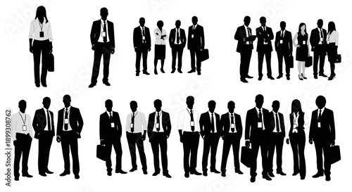 Silhouettes of a diverse group of business professionals standing in various formations, showcasing a corporate team.