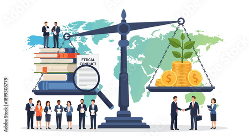 A balanced scale representing ethical business practices, with books and a magnifying glass on one side and money and a growing plant on the other, surrounded by people and a world map.