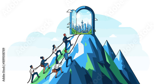 A diverse team of business professionals collaborates to climb a steep mountain, symbolizing teamwork and shared success towards a futuristic city.