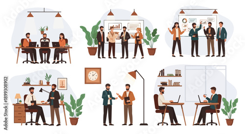 A collection of illustrations depicting various business office scenarios and team collaboration activities.