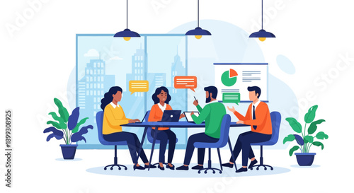 Diverse team of professionals collaborating in a modern office meeting room, discussing strategies with charts and laptops.