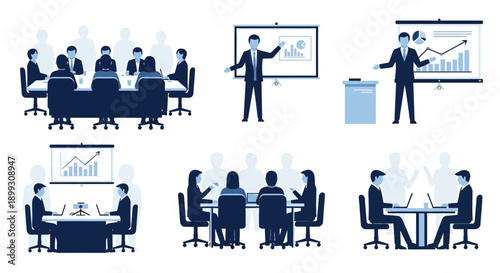 Collection of illustrations depicting various business meeting and presentation scenarios with people in a modern office setting.