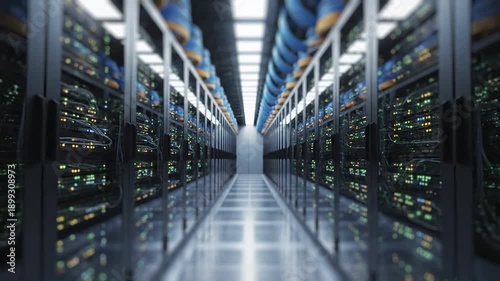 A futuristic motion graphic showcasing an endless corridor of server racks inside a modern data center. Blinking indicators and cable systems create a sense of continuous operation.
