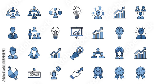 A collection of blue and white business and finance icons representing teamwork, growth, strategy, and success.