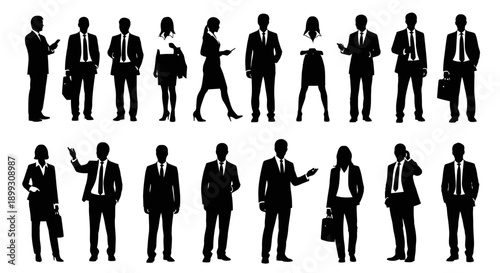 Silhouettes of business people in various poses, standing and interacting, against a white background.