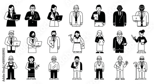 A diverse collection of 20 stylized black and white icons representing various professions and occupations.