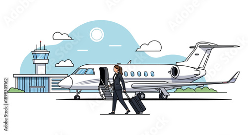 A businesswoman with a suitcase disembarks from a private jet at an airport terminal with a control tower in the background.