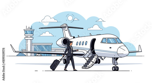 A businesswoman with a suitcase disembarks from a private jet at an airport terminal.