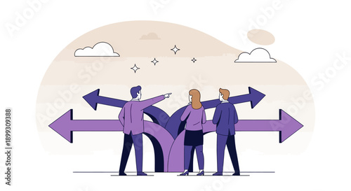 Three people standing at a crossroads, contemplating different directions and choices.