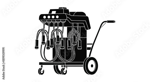 A detailed black silhouette of an industrial cleaning machine with multiple hoses ideal for design use on transparent background high quality