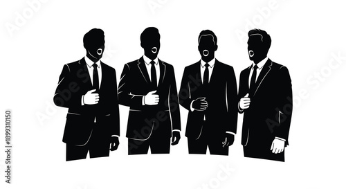 A group of five men in suits shown in a stark black silhouette on transparent background high quality professional detailed modern
