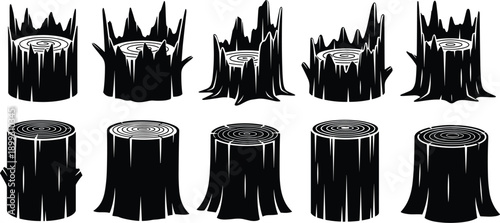 Tree stump silhouette icons, forestry symbols, vector illustration, black design, minimal layout, wood texture graphics, nature elements