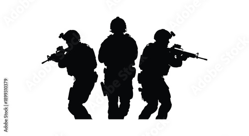 Three soldiers in tactical gear stand in formation depicted as a striking black silhouette on transparent background high quality professional detailed