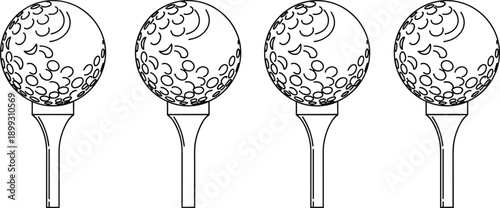 Four identical golf balls on tees in a row with crescent markings and dimples for sports, pattern, and golf design concept.