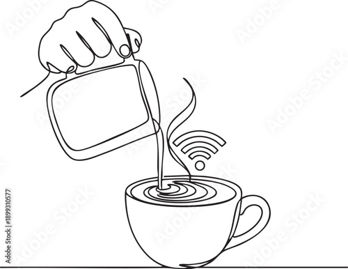Minimalist Continuous Line Art of Hand Pouring Milk into Coffee Cup with Wi-Fi Symbol