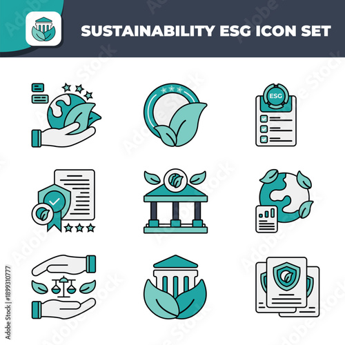 Sustainability icon colletction set flat line and Environmental, Social, and Governance (ESG) principles for corporate responsibility and ethical business practices.