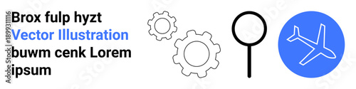 Travel, aviation, search tools, innovation, logistics, optimization. Simple icons of a magnifying glass, gear and airplane. Travel and aviation concepts with a modern approach