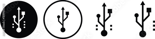 Four variations of USB symbol icon in black and white for technology, electronics, connectivity, and universal digital device design.