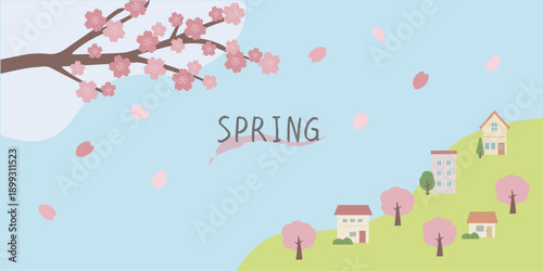 春の背景イラスト　バナー　建物と桜のイラスト　春素材