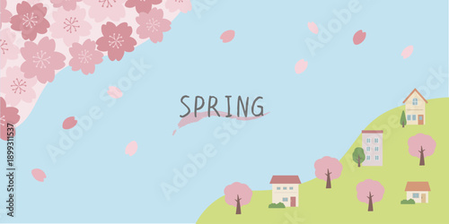 春の背景イラスト　バナー　建物と桜のイラスト　春素材