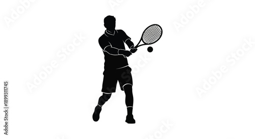 A dynamic black silhouette of a tennis player mid swing preparing to hit a ball on transparent background high quality professional detailed