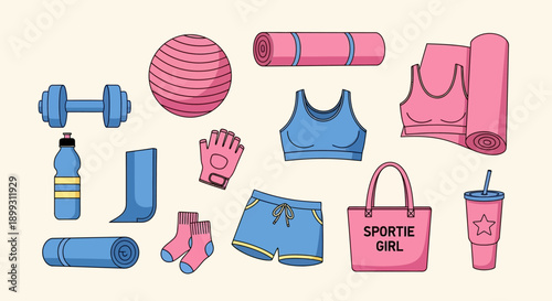 A collection of various fitness and workout accessories and apparel in pink and blue colors.