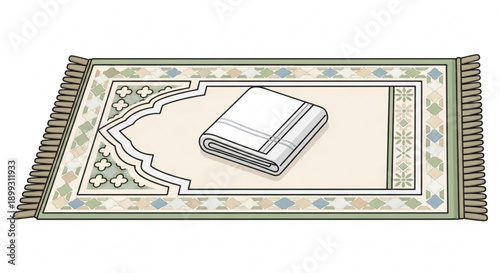 Prayer Rug with Quran Book on Beige Background, Islamic Decoration, Fringed Edges