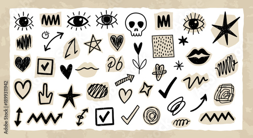 Collection of hand-drawn doodle elements and symbols in a sketchy, grunge style, featuring eyes, skulls, hearts, stars, arrows, and checkmarks on torn paper cutouts.