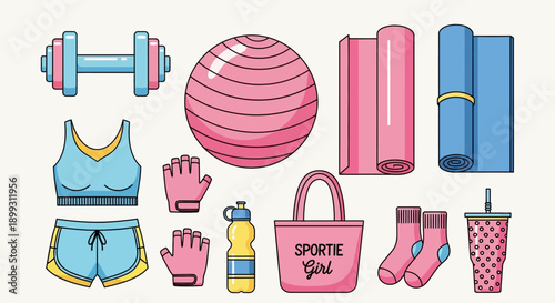 A collection of pink and blue fitness and workout equipment including a dumbbell, exercise ball, yoga mats, sports apparel, and accessories.