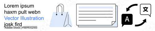 Online shopping, language learning, document processing, e-commerce, translation, globalization. Shopping bag, document and language translation symbols. E-commerce and translation tools concept