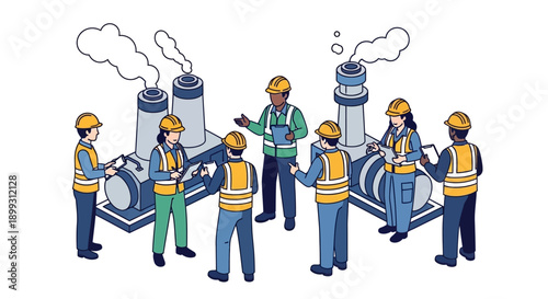 A group of industrial workers and engineers in hard hats and safety vests discussing operations around factory machinery with smoking stacks.