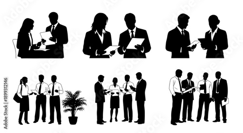 Silhouettes of business people in various meeting and discussion scenarios, showcasing professional interactions and teamwork.