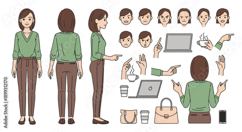 Female character illustration kit with various poses, facial expressions, and accessories.