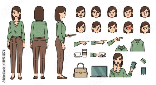 A comprehensive character design kit for a young businesswoman, showing various poses, expressions, and accessories.