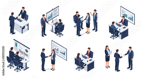 Isometric illustrations depicting various business meeting scenarios with professionals collaborating and discussing data.