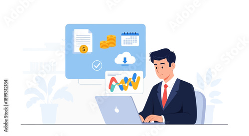 A professional man in a suit working on a laptop with a digital dashboard displaying financial data, documents, and cloud services in a modern office setting.