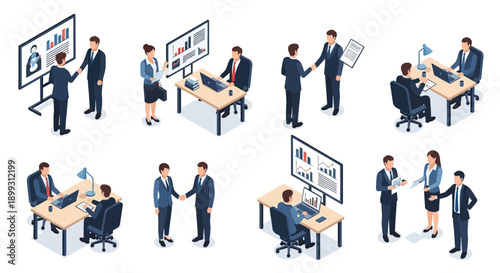 Isometric set of business people in various office situations, including meetings, presentations, negotiations, and agreements.