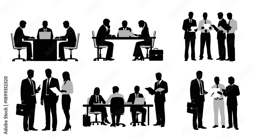 Fototapeta premium Silhouettes of business people engaged in various meetings, discussions, and collaborative work scenarios, depicting corporate interactions.